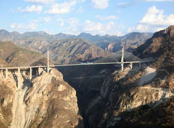 Baluarte Bridge, built across the deep ravine in the Sierra Madre Occidental mountains in Mexico, is the highest cable-stayed bridge in the world. Image courtesy of the Mexican Government.